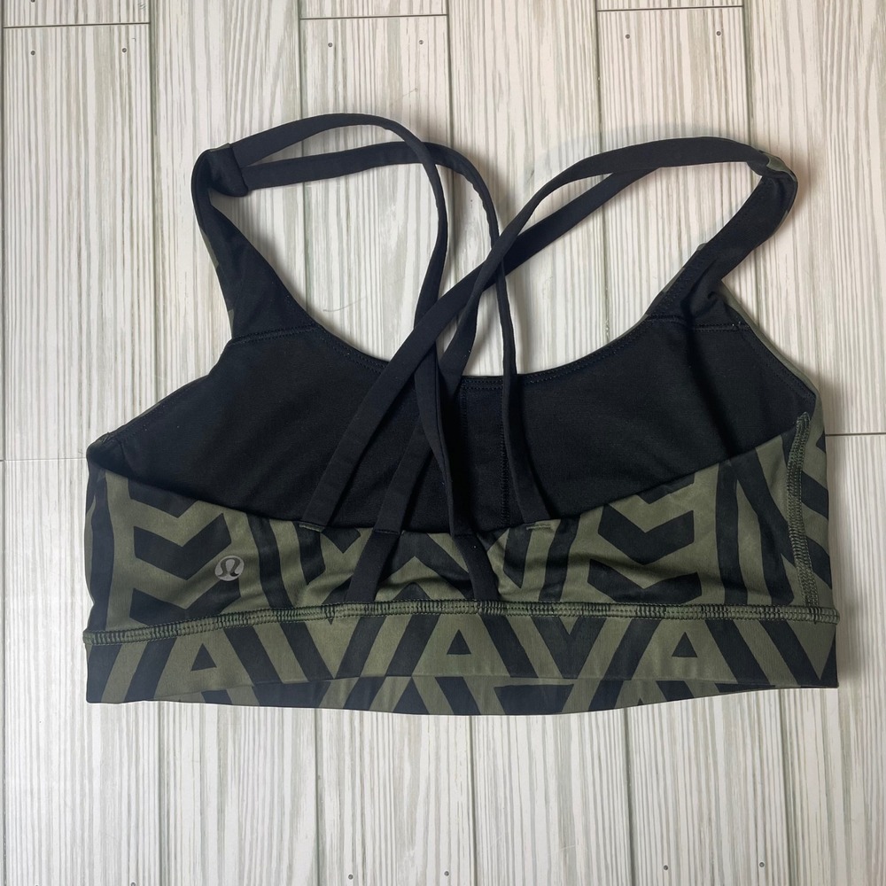 Lululemon Energy Bra Olive Green Black Geometric Chevron Strappy Sports Bra - Picture 2 of 3